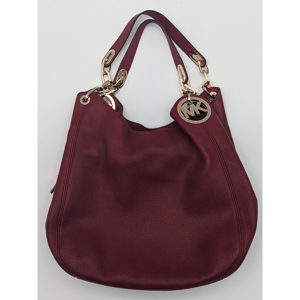 Michael Kors Fulton Large Pebbled Leather Shoulder Tote Bag Merlot Burgundy Gold